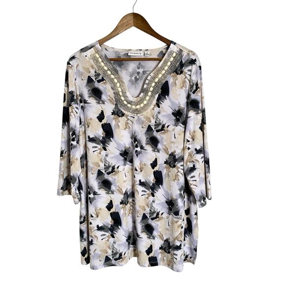 Susan Graver Top Blouse Womens 1x 18w 20w Tunic Stretchy 3/4 Sleeve Floral Bling - Picture 1 of 7
